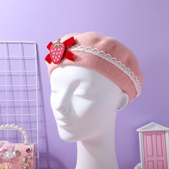 Women Wool Beret Hat Pink Strawberry Bow Winter French Style Cap main image 9